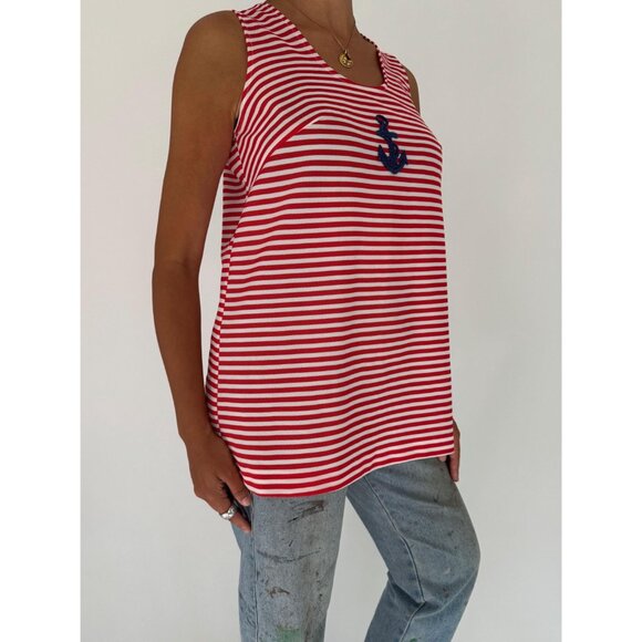 60s vintage nautical anchor embroidered red white striped sailor tank top blouse - Picture 6 of 8